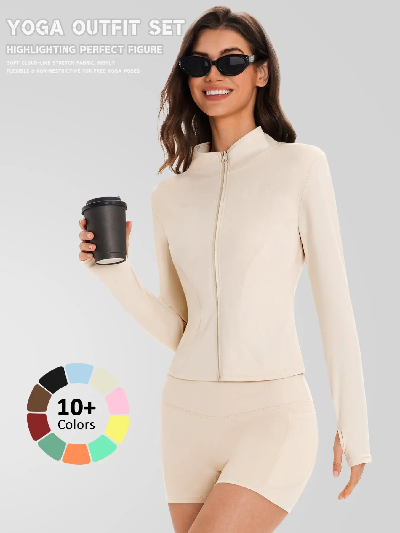 Women's Training Zipper Jacket + High Waist Shorts Set, Athleisure Sportswear Set, Fashionable Minimalist Solid Color, Four-Season Sportswear, Athleisure Workout Set, Running, Cycling, Gym, Athleisure Outfits, Exercise Clothing Set