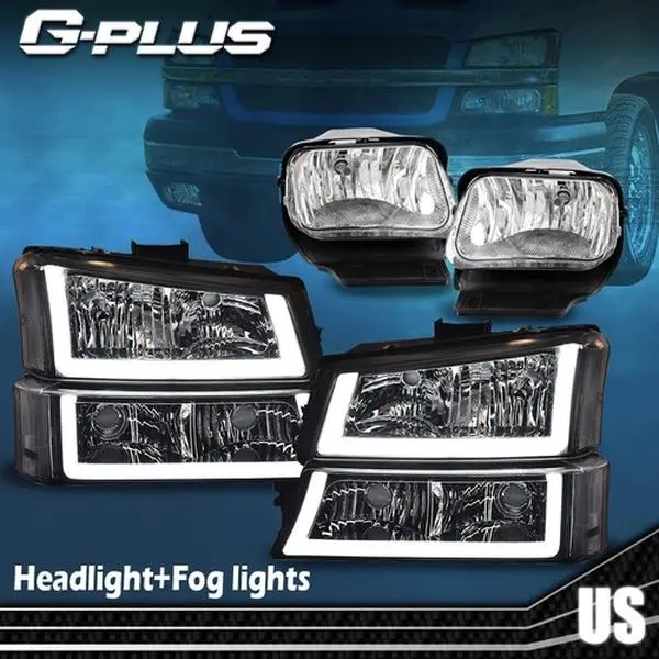 LED DRL Clear Headlights+Bumper Fog Lights Fit For 2003-2006 Chevy Silverado New G-PLUS