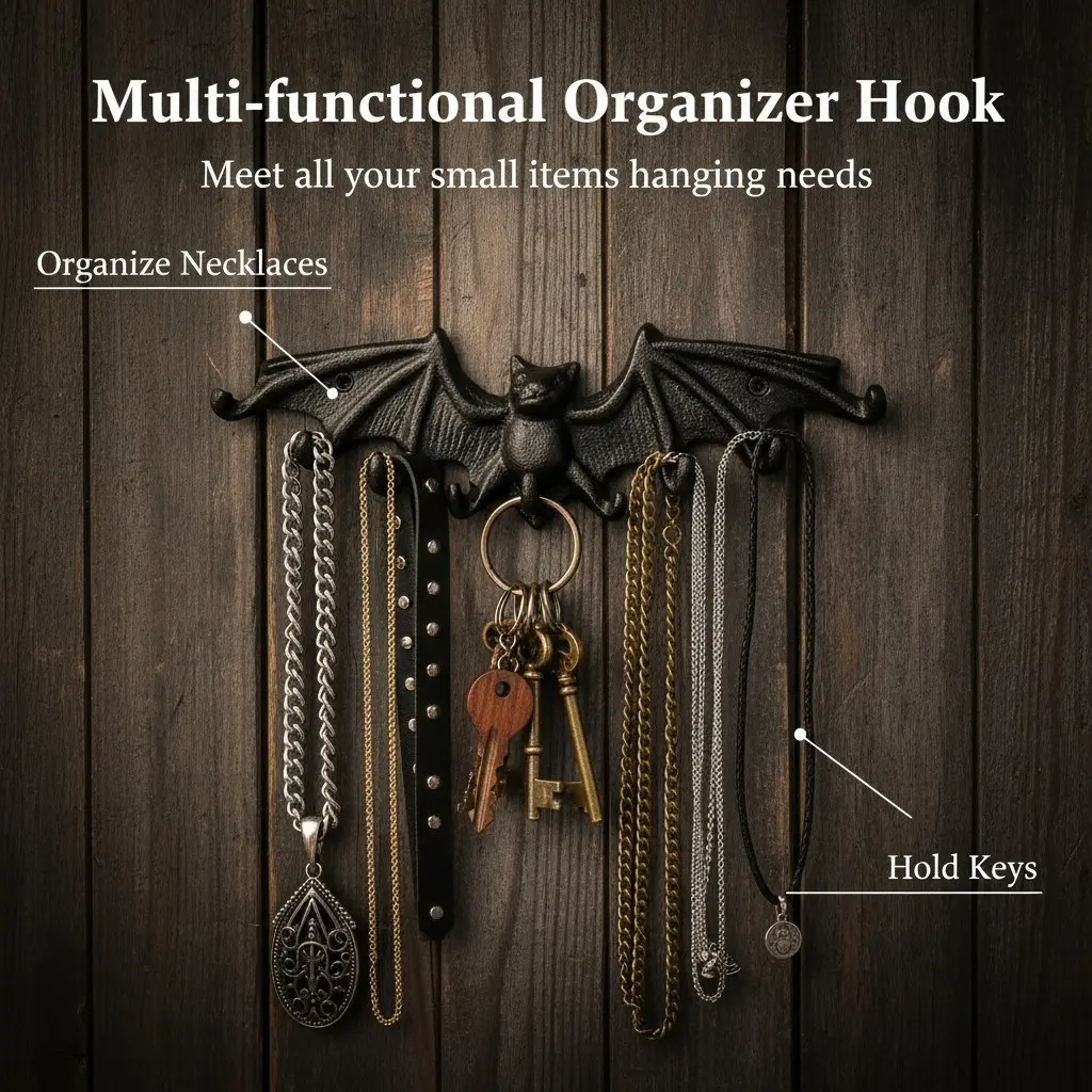Vintage Cast Iron Bat Hook, Gothic Style Charm Key Holder, Key Hanger Wall Mount, Necklace Jewelry Storage Rack, Wall Decor Hanging Hook Hang Small Items, Home Decoration, Wall Mount Organizer