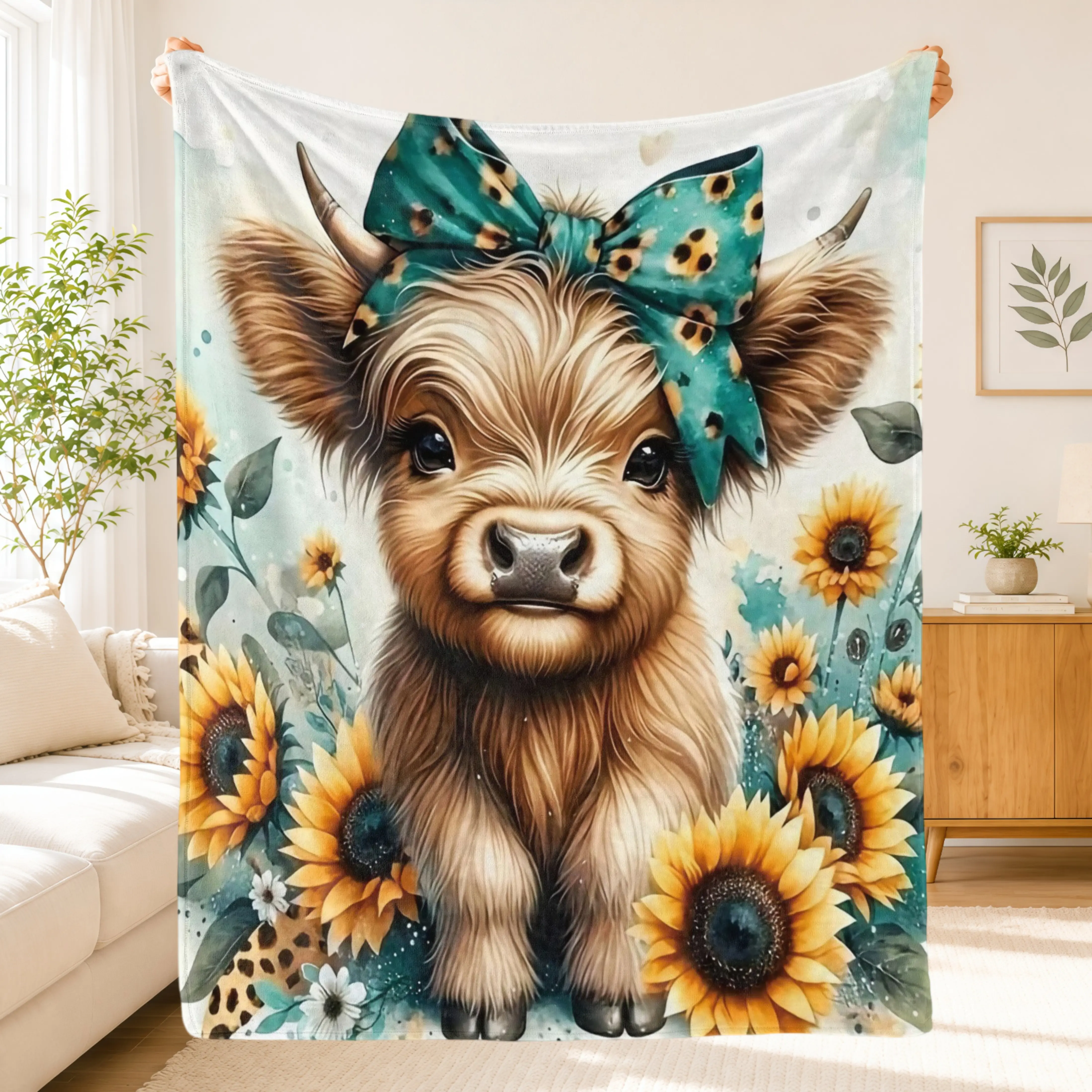 Cute Sunflower Highland Cow Blanket Animal Soft Flannel Throw Blanket,Cartoon Baby Cow Bow Print Cozy Blanket for Farmhouse Bed Couch Sofa,Cow Lover Gift for Girls Women