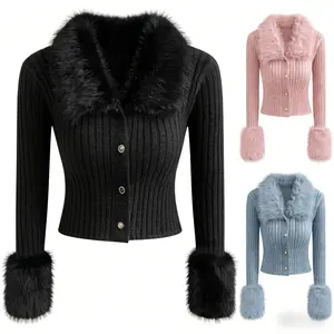 Women's Black Ribbed Knit Cardigan with Faux Fur Collar & Cuffs Slim Fit Button Front Warm Sweater Coat Casual Daily Office Outwear for Women Fall Winter