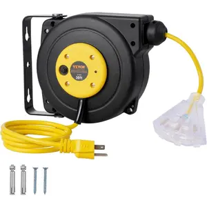 VEVOR Retractable Extension Cord Reel, 45 FT, Heavy Duty 12AWG/3C SJTOW Power Cord, with Lighted Triple Tap Outlet, 15 Amp Circuit Breaker, 180 Swivel Bracket for Ceiling or Wall MountVEVOR Super Brand Day
