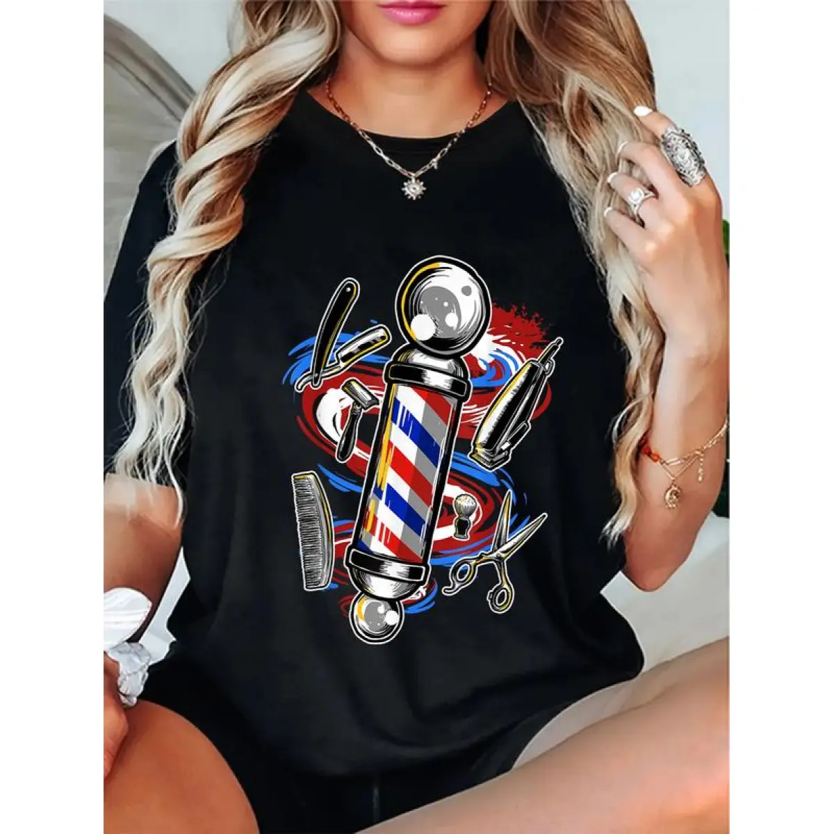 Men's Barber Graphic Cotton Tshirt, Casual Round Neck, All Seasons Professional Apparel for Hairstylists, Themed, Top, Shortsleeve, Shop‑Identity Tee