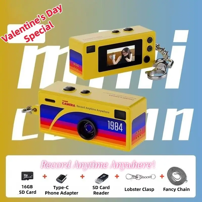 Creative Mini Portable Thumb Pocket Keychain Digital Camera with Flash, 130 Degree Wide Angle Lens, Includes 16GB Memory Card, Keychain Video Camera Cool Keychains