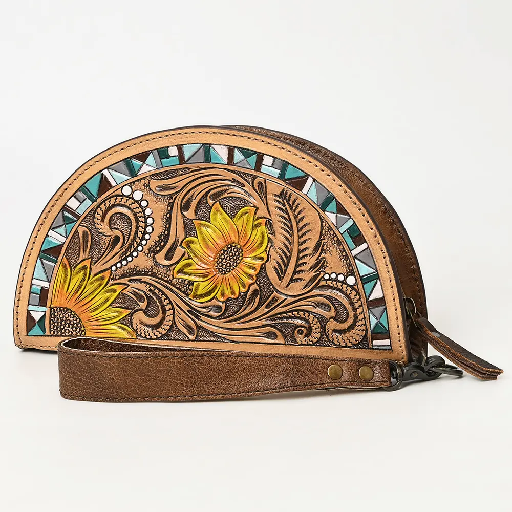 American Darling Hand-Tooled Genuine Leather Taco Bag – Floral Carved Western Wristlet with Secure Storage – Premium Artisan Craftsmanship