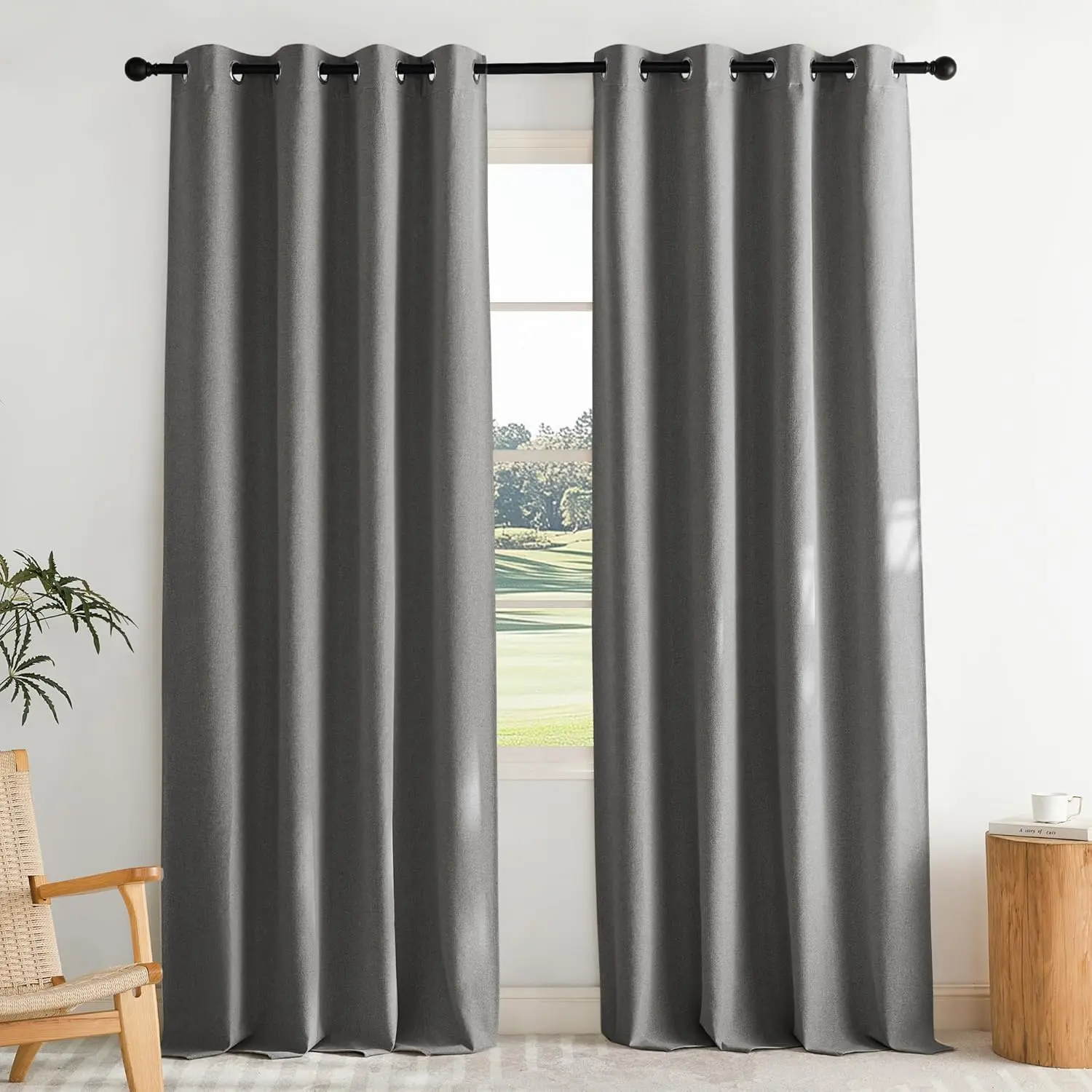 NICETOWN 100% Blackout Curtains for Bedroom, W52 x L96, Pair, Grey Crisp Faux Linen Thermal Insulated & Energy Efficient Light Blocking Shield for Living Room, Dining Room