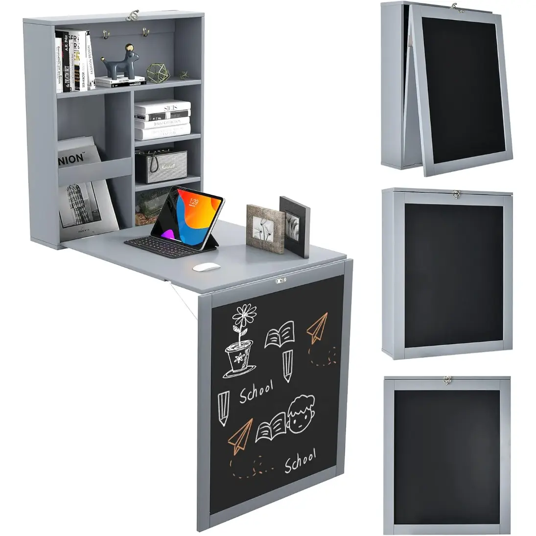 Folding Wall Mounted Desk, Floating Desk with Chalkboard, Space Saving Fold Up Desk Wall Mounted Convertible Desk, Wall Mounted Table with Storage Shelves & Hooks