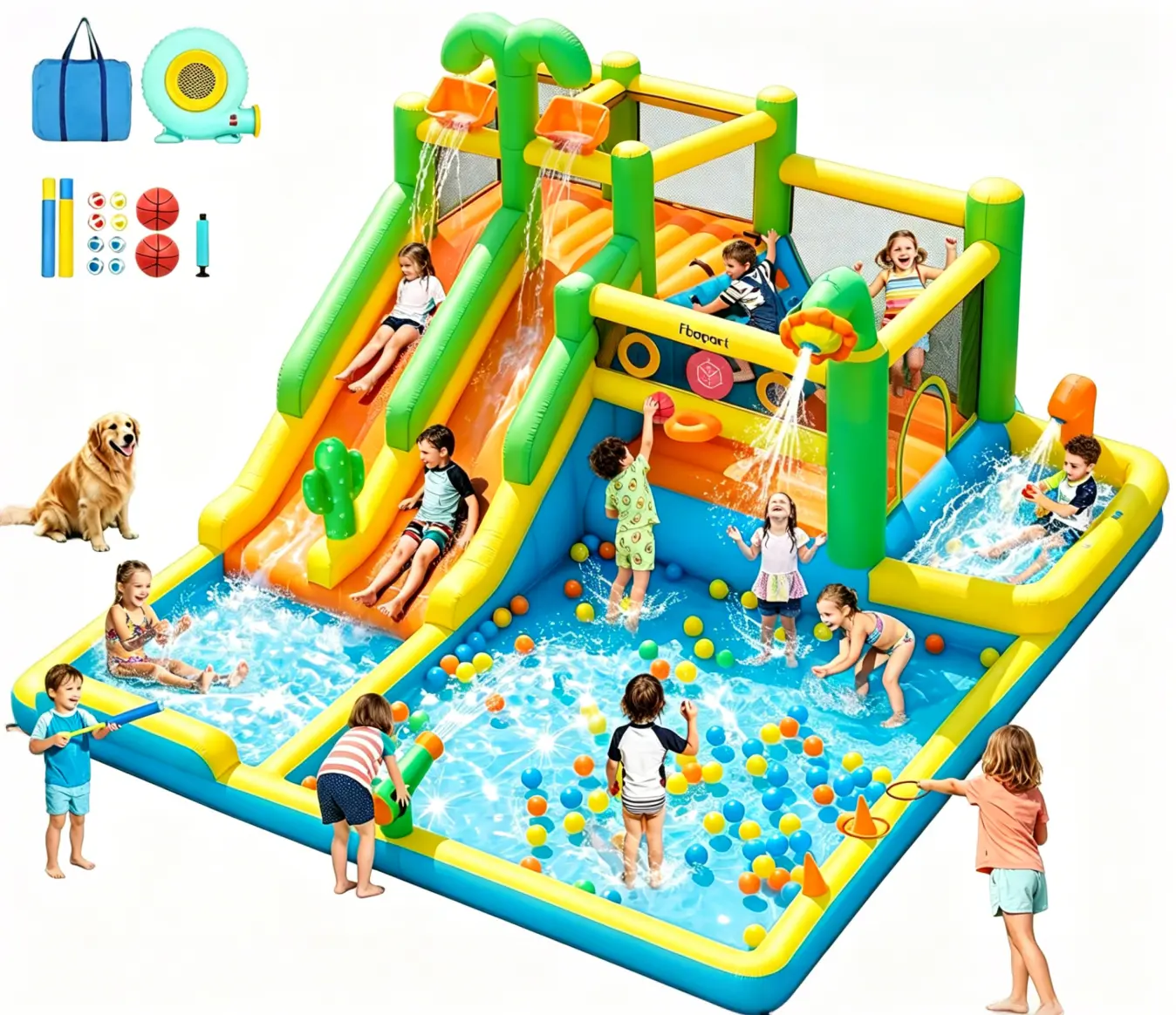 FBSPORT Inflatable Bounce House Double Water Slide, Water Bounce House for Big Kids with Splash Pool, Jumping, Climbing Wall, Bouncy Castle with 750W Blower for Backyard Indoor Outdoor
