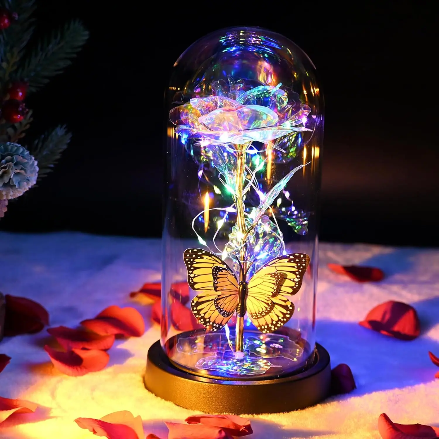 Galaxy Rose Crystal Rose Gift Glass Rose in Dome Automatic Color Change Led Light String on The Crystal Rose Unique Gifts for Women, Christmas, Wedding,Valentine's Day, Anniversary and Birthday