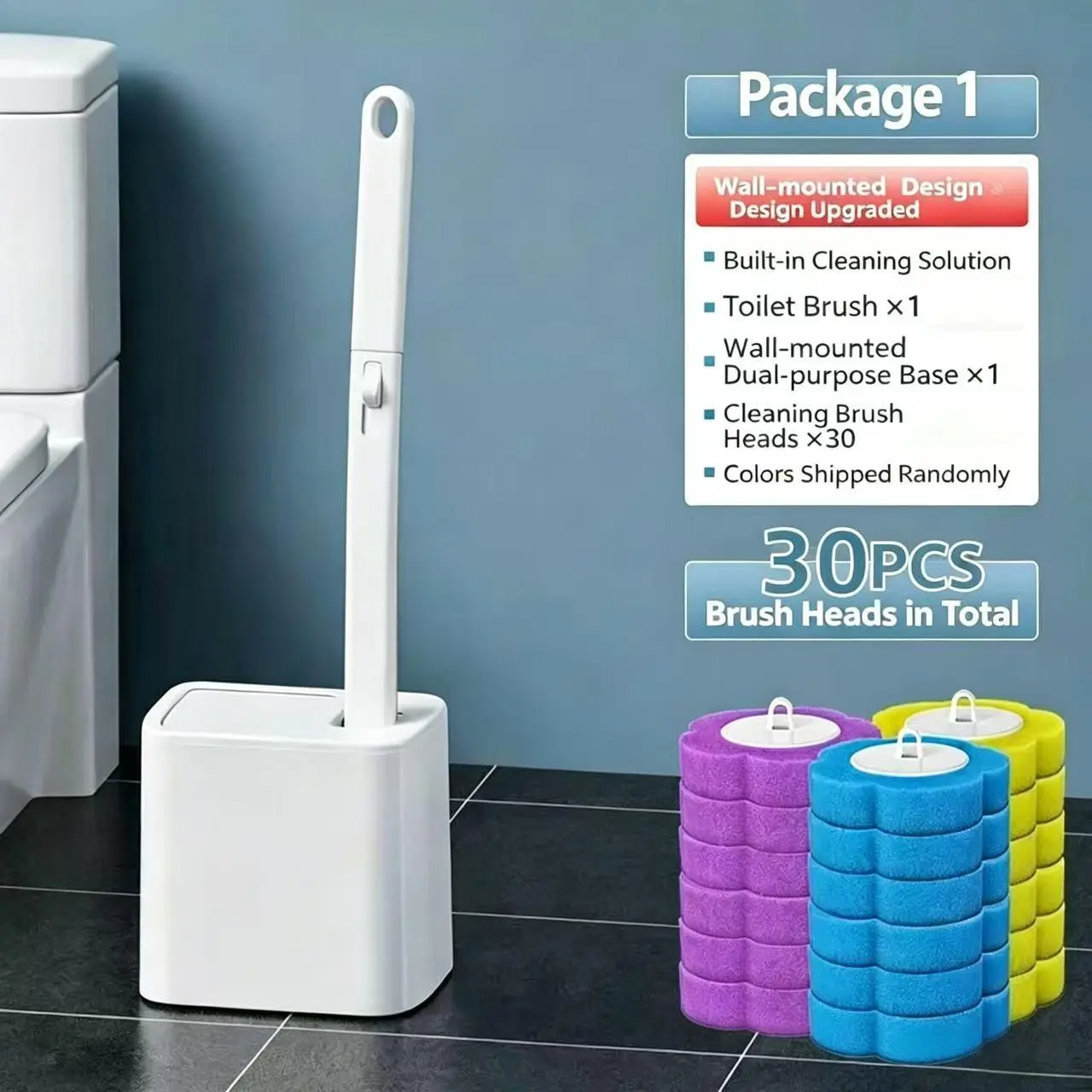 Toilet brush set, containing 30 cleaning agent replacement cores - a bathroom cleaning tool set suitable for sinks, bathtubs, and drain outlets, toilet cleaning set