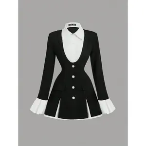 Women's 2 In 1 Black Waist-Cinching Long Sleeve Flounced Suit Blazer ,New Years Women, Business Casual Woman, Office Wear Women, Black Elegant, College Students In Fall/Winter Fabric Fit Womenswear Love
