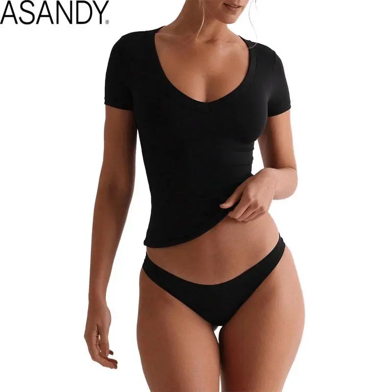 Women's Minimalist Feminine Ribbed Knit Basic Short-Sleeve T-Shirt - Casual Deep V-Neck Slim Fit Piece, Lightweight Breathable Fabric for Yoga & Workout
