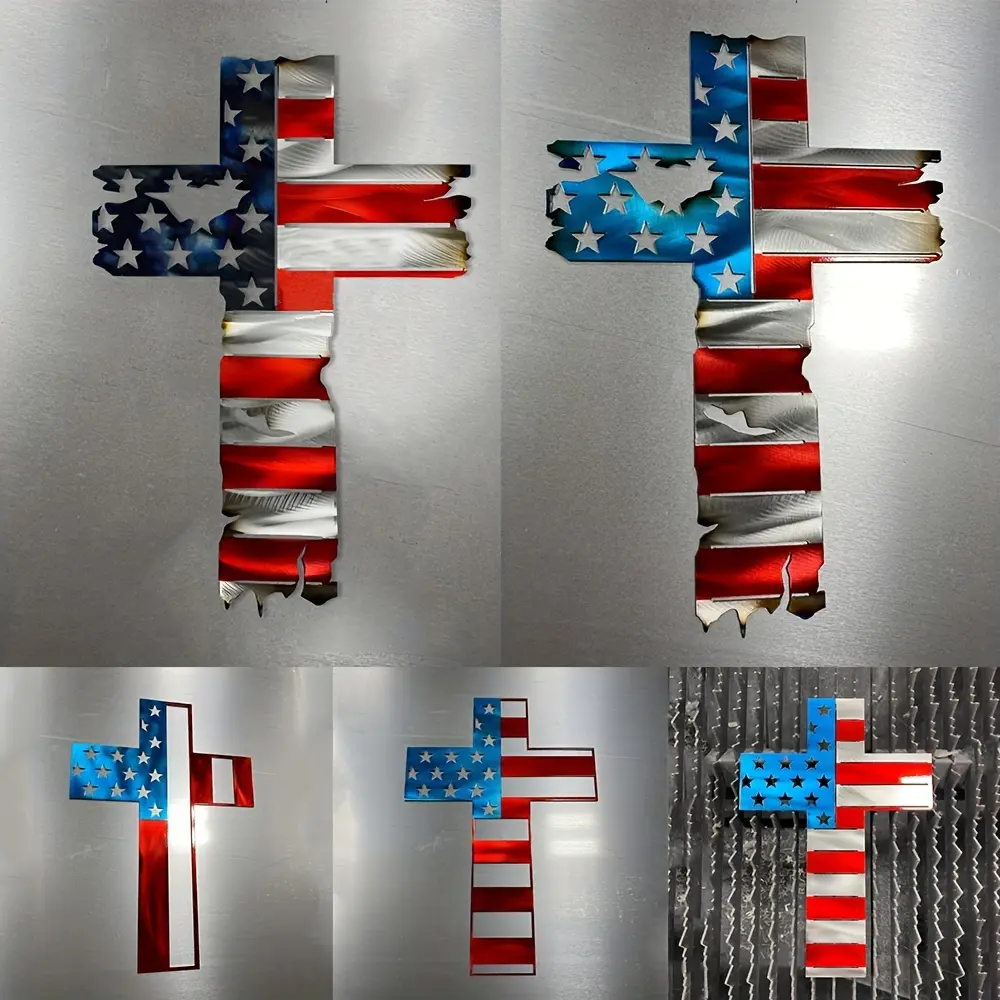 1 pc 2D flat metal cross home decor featuring a distressed U.S. flag design; commemorative gift for veterans; Halloween/Christmas/New Year/Independence Day/Father’s Day gift