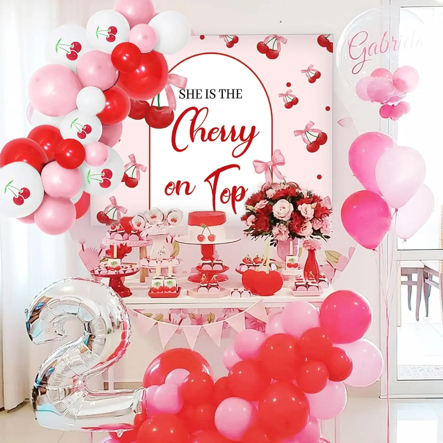 She's The Cherry on Top Baby Shower Backdrop Balloons for Girl Cherry Theme Coquette Bridal Shower Decorations Bow Party Decor Cherry Bride to Be Engagement Party Decor Birthday Props