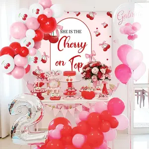 She's The Cherry on Top Baby Shower Backdrop Balloons for Girl Cherry Theme Coquette Bridal Shower Decorations Bow Party Decor Cherry Bride to Be Engagement Party Decor Birthday Props