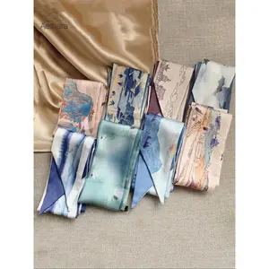 Vintage Oil Painting Long Scarf Bow Hair Tie Bag Handle Ribbon Accessory Gift Box Small Silk Scarf, Elegant Women's Fashion, Fashion Hair Scarves