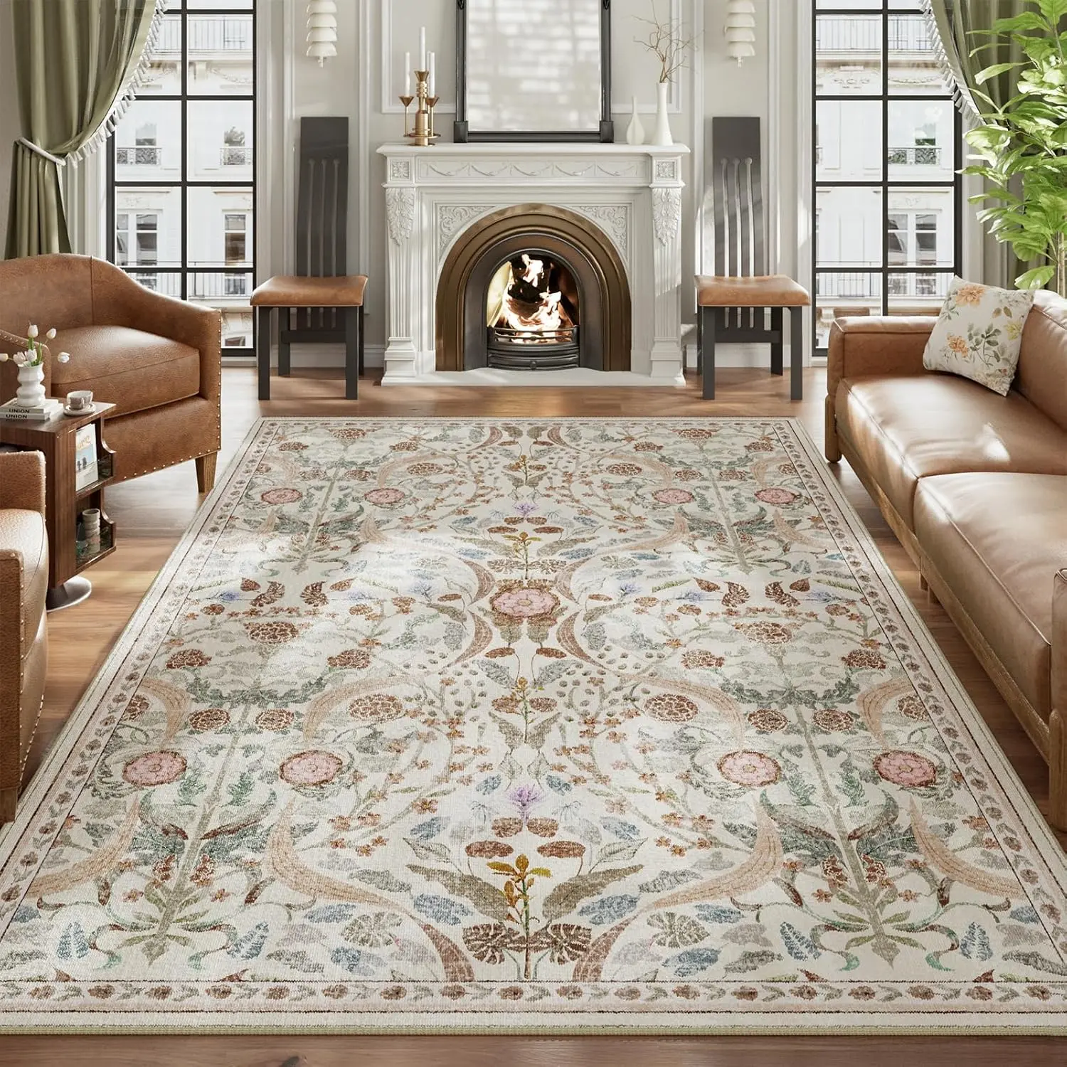 8x10 Washable Area Rugs for Living Room, Non-Slip&Non-Shedding Large Soft Boho Floral Vintage Print Carpet for Bedroom Dorm Dining Room Farmhouse Nursery Playroom Home Office, Beige