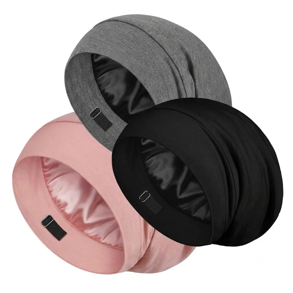 Satin Lined Slouchy Beanie Cap Bonnet for Men and Women Adjustable Elastic Soft Jersey Knit Night Sleep Cap, Hair Care Headwear for Curly Hair