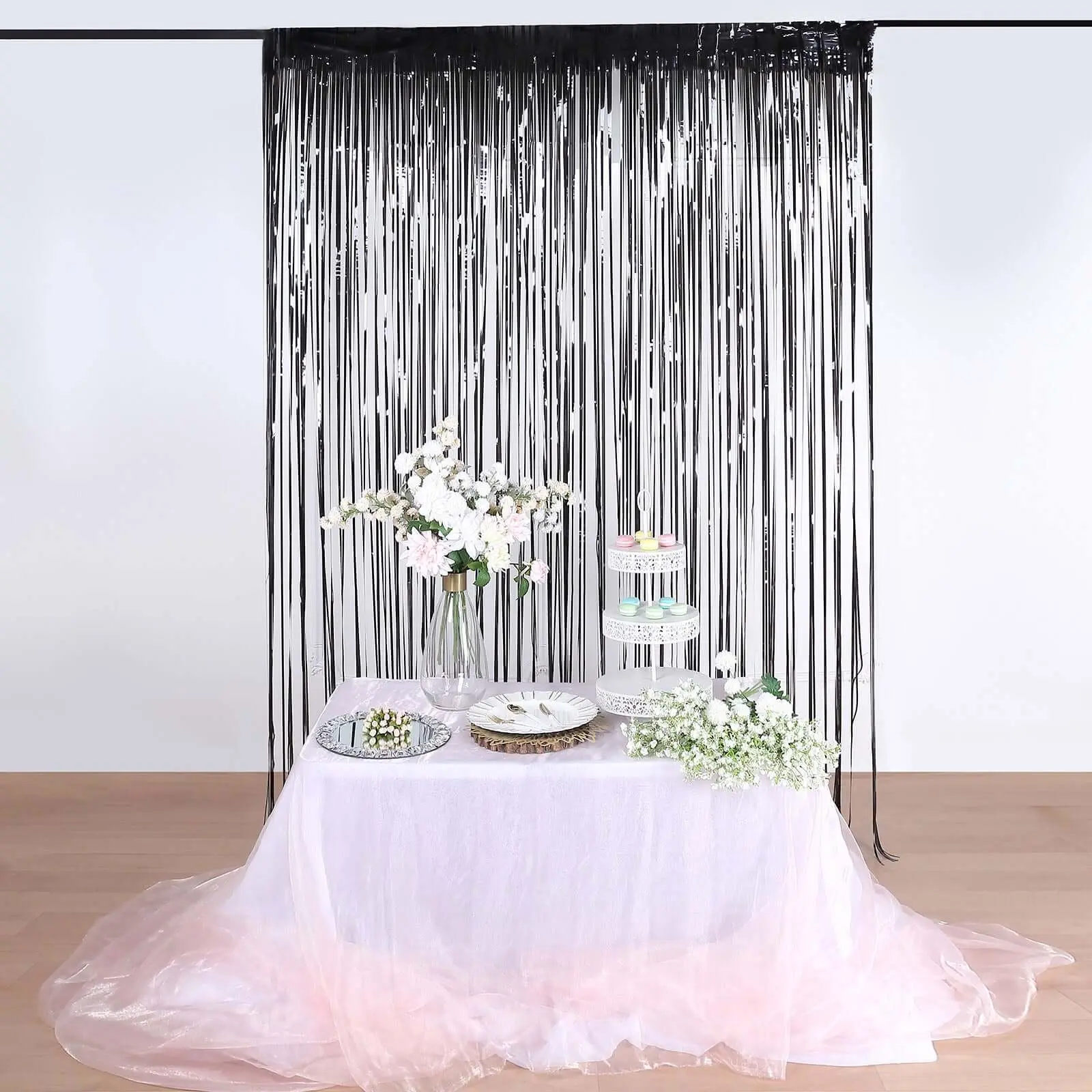 Black Metallic Tinsel Foil Fringe Backdrop Curtains - 8ft Tall Adhesive Backing Doorway Curtain, Holiday Party Decor Prop for Wedding, Birthday, Home & Festive Supplies, 8 Feet Tall