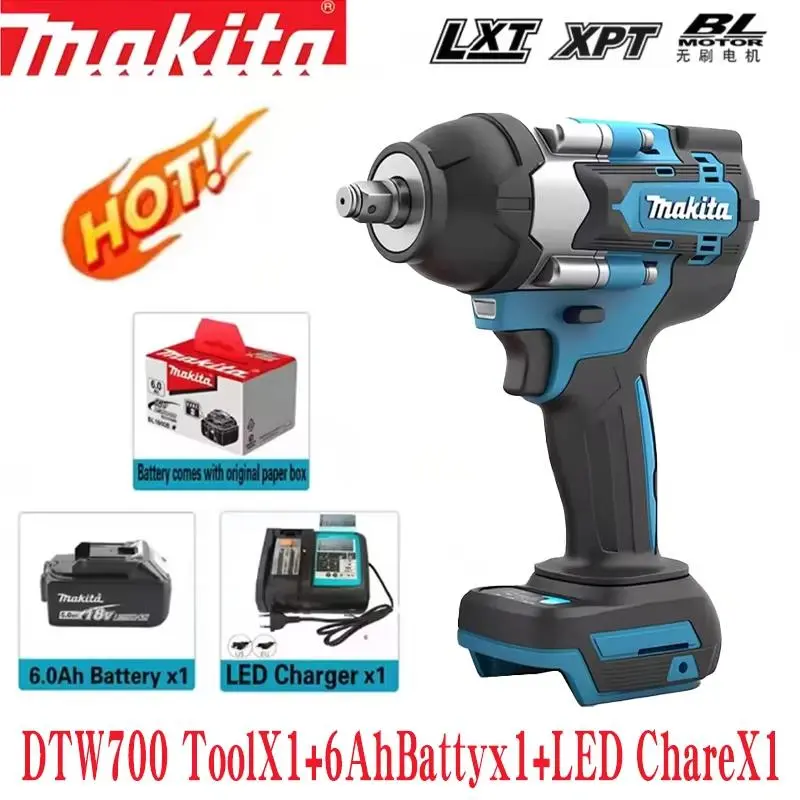 Makita DTW700 Cordless Impact Wrench Full Kit - Durable Metal Hand Tool with Adaptor, Charger, Power Pack, Adjustable Torque, Anti-Slip Grip, Multi-Speed Mode for Mechanics, Auto Shops, Bolt Removal