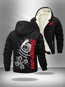 Car modification turbo and piston Sherpa lined hoodie, men's black mechanical pattern zipper jacket, car enthusiast clothing, perfect gift for car modification enthusiasts, Casual Street Style Graphic Fitted Long Sleeve Sweatshirts