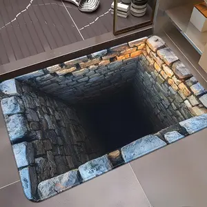 1pc Synthetic Rectangle Realistic Cave-In Stone Cellar Black Hole Illusion Doormat, Non-Slip Absorbent Microfiber Floor Mat, Washable 3D-Like Stone Texture Entrance Mat for Laundry Room, Cave-Themed Halloween Parties (Dark Blue/Black)