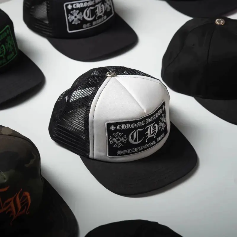 Chrome Hearts CH Hollywood Trucker Hat – Black White Cross Logo Patch Mesh Snapback Cap, Adjustable Streetwear Hat for Men & Women