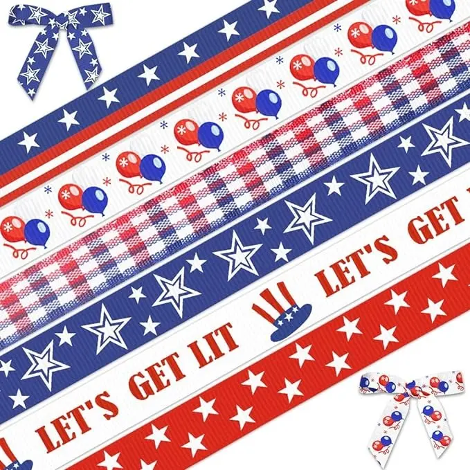 6 Rolls Patriotic Ribbon for Wrapping Gifts, Grosgrain Patriotic Ribbons for Gift Wrapping Memorial Day Decoration DIY, 3/8" X 25 Yards Blue Red Star Ribbon for 4th of July Party Supplies Decor