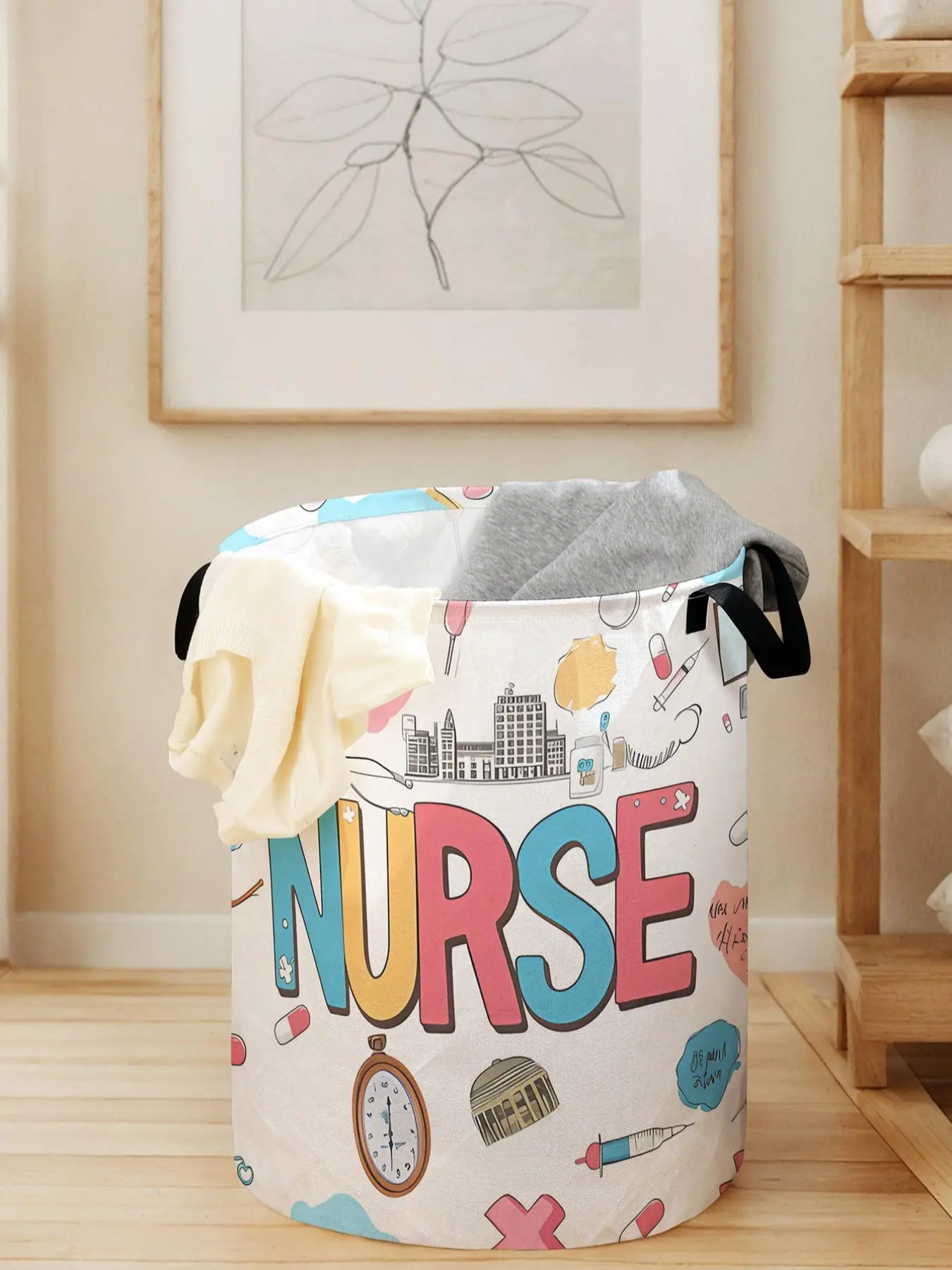 Durable Medical Tools Letter Pattern Laundry Basket with Handle, Large Capacity Foldable Storage Bin for Clothes & Toys, Versatile Home Organizer