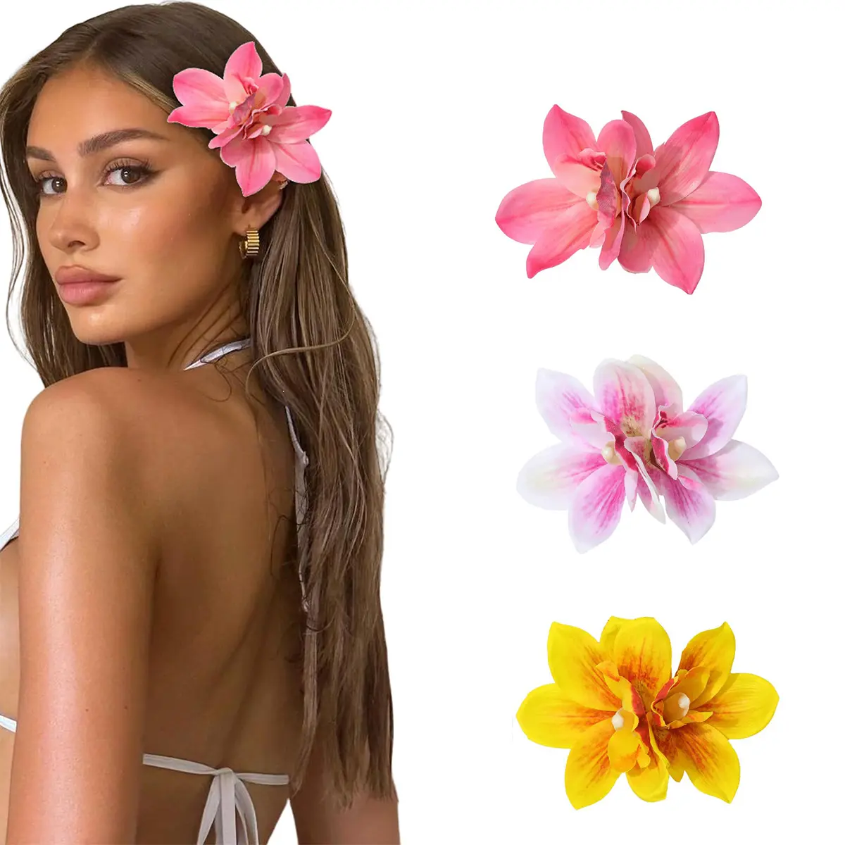 3-Piece Suit Fashion Hawaiian Flower Hair Clips for Women Elegant Artificial Flower Hair Barrettes for Orchid Beach Party Wedding Hair Accessories
