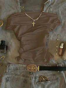 Brown Off-Shoulder Crop Top for Women, Ruched Slim Fit Short Sleeve Tee, Stretchy Soft Fabric, Y2K Coquette Style, Retro Minimalist Casual Basic T-Shirt, Bodycon Summer Going Out Top for Streetwear OOTD