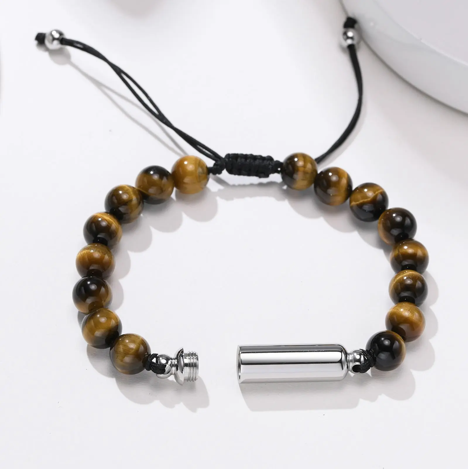 Vnox Cremation Urn Bracelets for Men, Adjustable Tiger Eye Beads Chain Wristband, Pet Family Papa Ashes Holder Jewelry