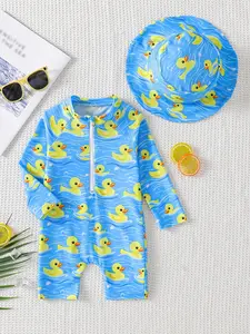 Cute summer one-piece swimsuit, Toddler swimsuit, Swimwear for boys, yellow duck sun protection wind, half zipper+long sleeved design+matching sun hat, suitable for summer swimming, beach play