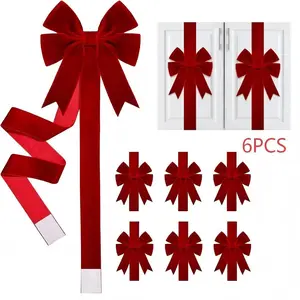 6 Piece Christmas Velvet Cabinet Door Bow and Ribbon Set, Velvet Bows for Kitchen Furniture, Holiday Party Decor Gift
