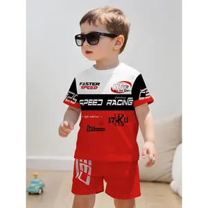 Baby Boys Race Car Set New Summer Two Piece Set Casual Sports Style SPEED RACING Theme Print Round Neck T Shirt And Shorts for Outdoor