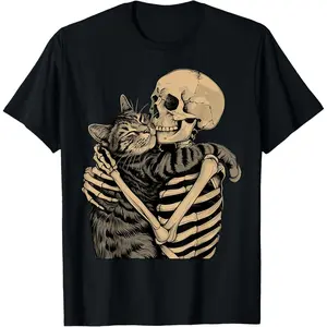 Skeleton Hugging Cat Halloween Cat Lover Cute Present Unisex T-Shirt