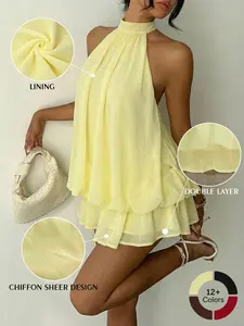 Women's Summer Fashion Party Halter Neck Tie Back Mini Dress, Slim-Fitting Casual Chic Elegant Short Sleeveless Dress for Home Outdoor City Style