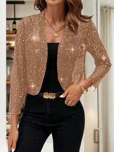 CF Semi-sheer short sequin cardigan, elegant and refined style, lightweight and casual, suitable for everyday outings, light social events, casual dates, and other occasions.