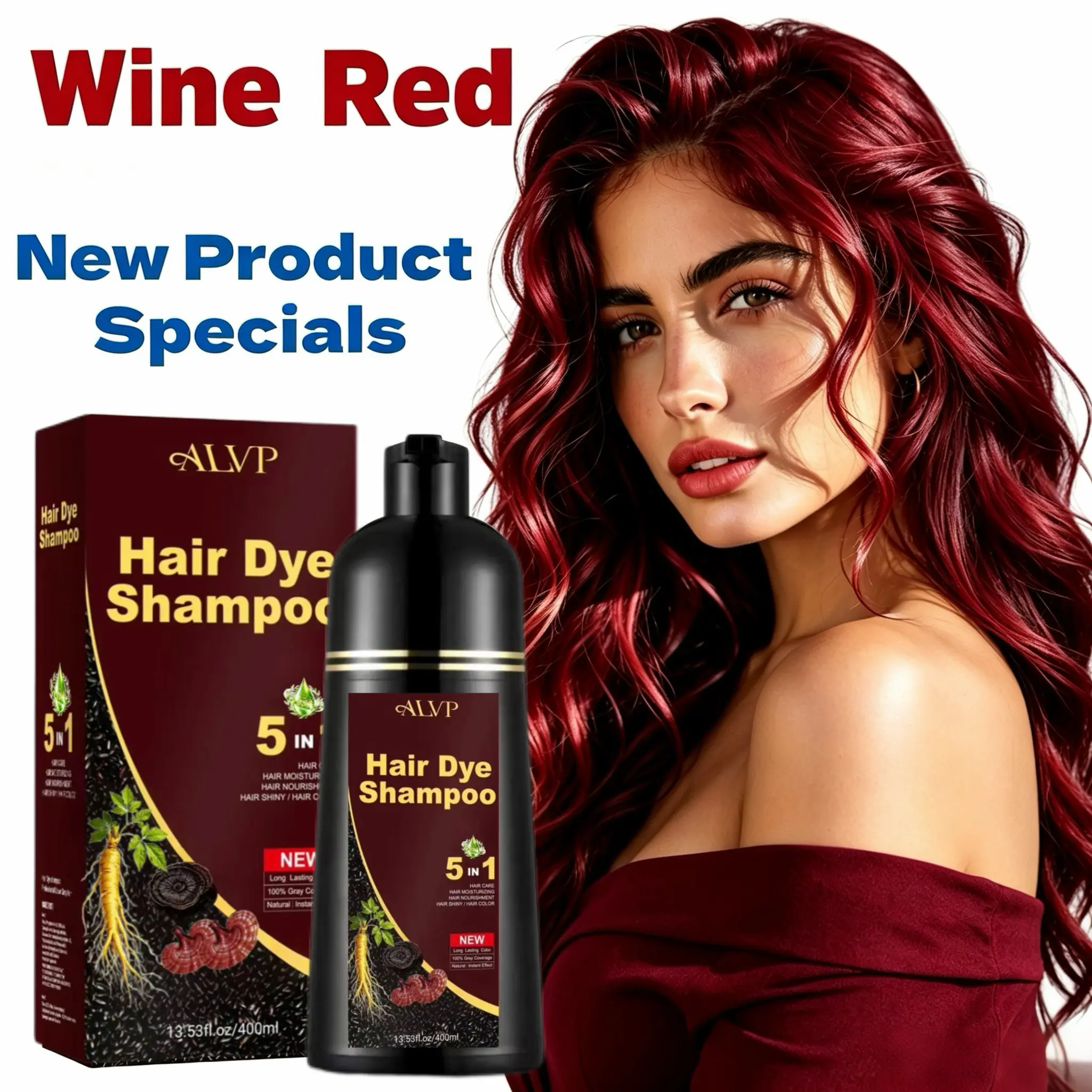 ALVP 2026 5-in-1 Herbal Color Shampoo, Lightweight Plant-Based Gentle Formula, Salon-Quality Daily Use for Men & Women, Covers Grays, Long-Lasting, Nourishes Scalp with Ginseng, Wine Red & Chestnut Brown, Haircare Gift