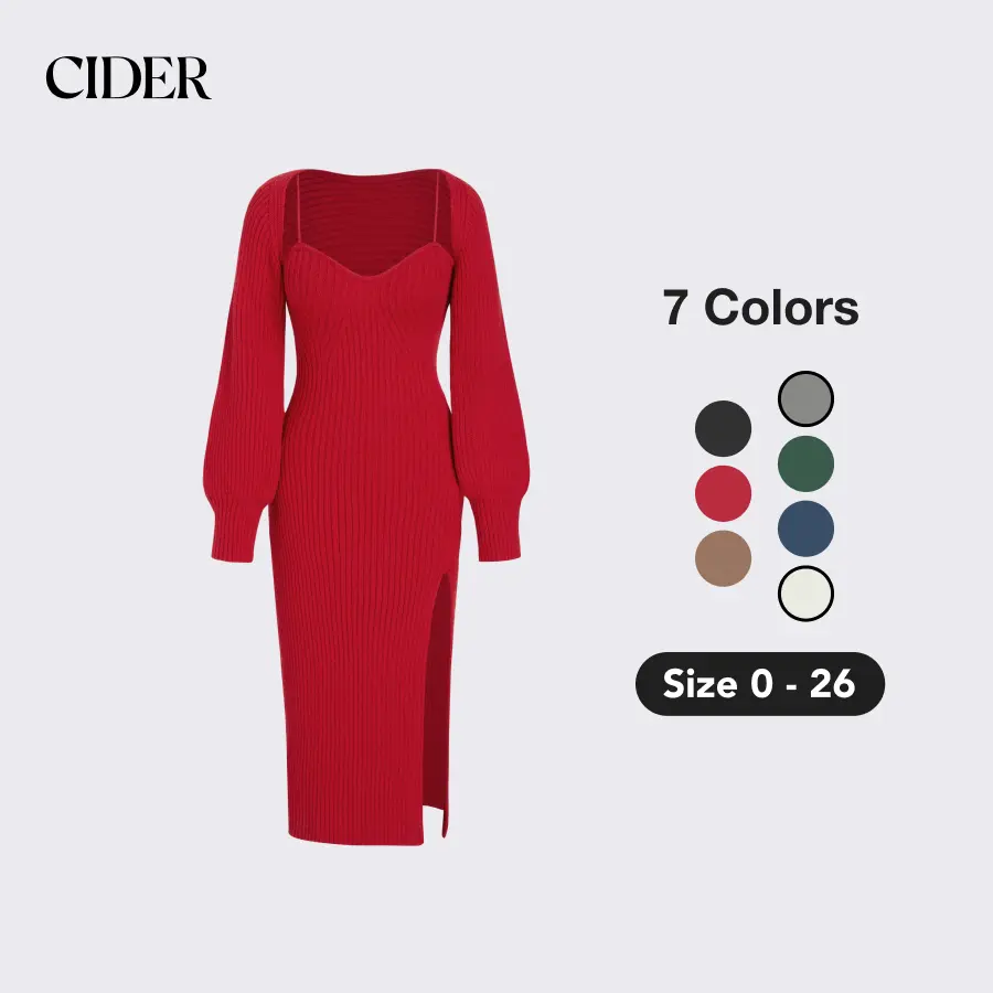 Cider 2-Piece Set Sweater Dress, Stretchy and Hugs Your Figure, Fits Like Glove, Elegant Fashion Cozy Outfits, Night Date Outfits, Casual, Chic, Hug-Figure, Night Date Wear, A-Line, Button Front, Fitted, Pull On, Lady, Ready To Wear, M, A Type, Solid, Bas