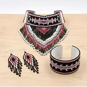 Handmade Beaded Jewelry Set, Native Inspired Black Pink Seed Bead Choker Necklace, Fringe Dangle Earrings, Leather Cuff Bracelet Bundle, Southwestern Powwow Wear