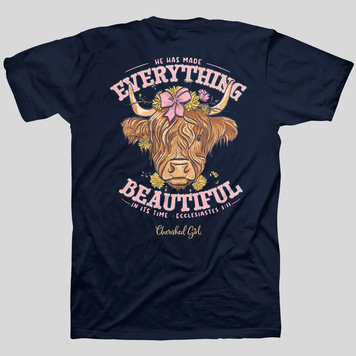 Women's 100% Cotton Graphic T-Shirt - Navy Christian Faith Shortsleeve Top with Scottish Cow, Floral Bow, Cow Print, Standard Fit, Taped Neck, Highland Meadows Casual Adult Top