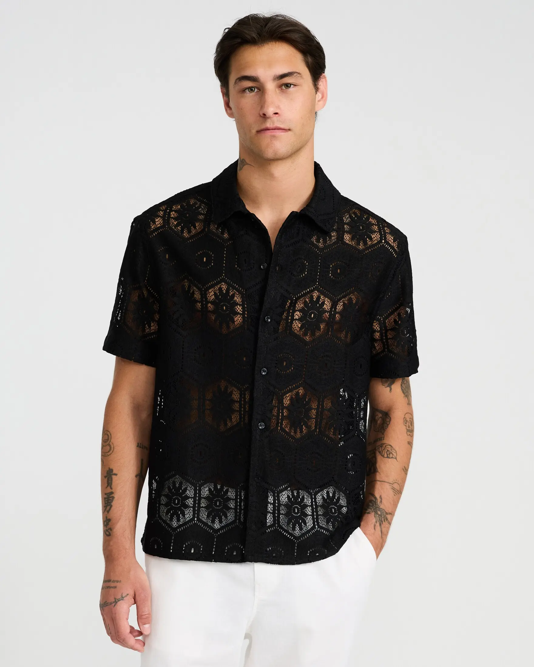 Express Men's Textured Honeycomb Lace Shirt, Casual Breathable Collared Short Sleeve Button-Front Top, Geo Pattern