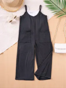 Toddler Girl's Solid Tie Side Wide Leg Neck Jumpsuit With Pockets, Casual Soft Comfy Sleeveless Jumpsuit for Summer, Kids Clothes for Daily Wear