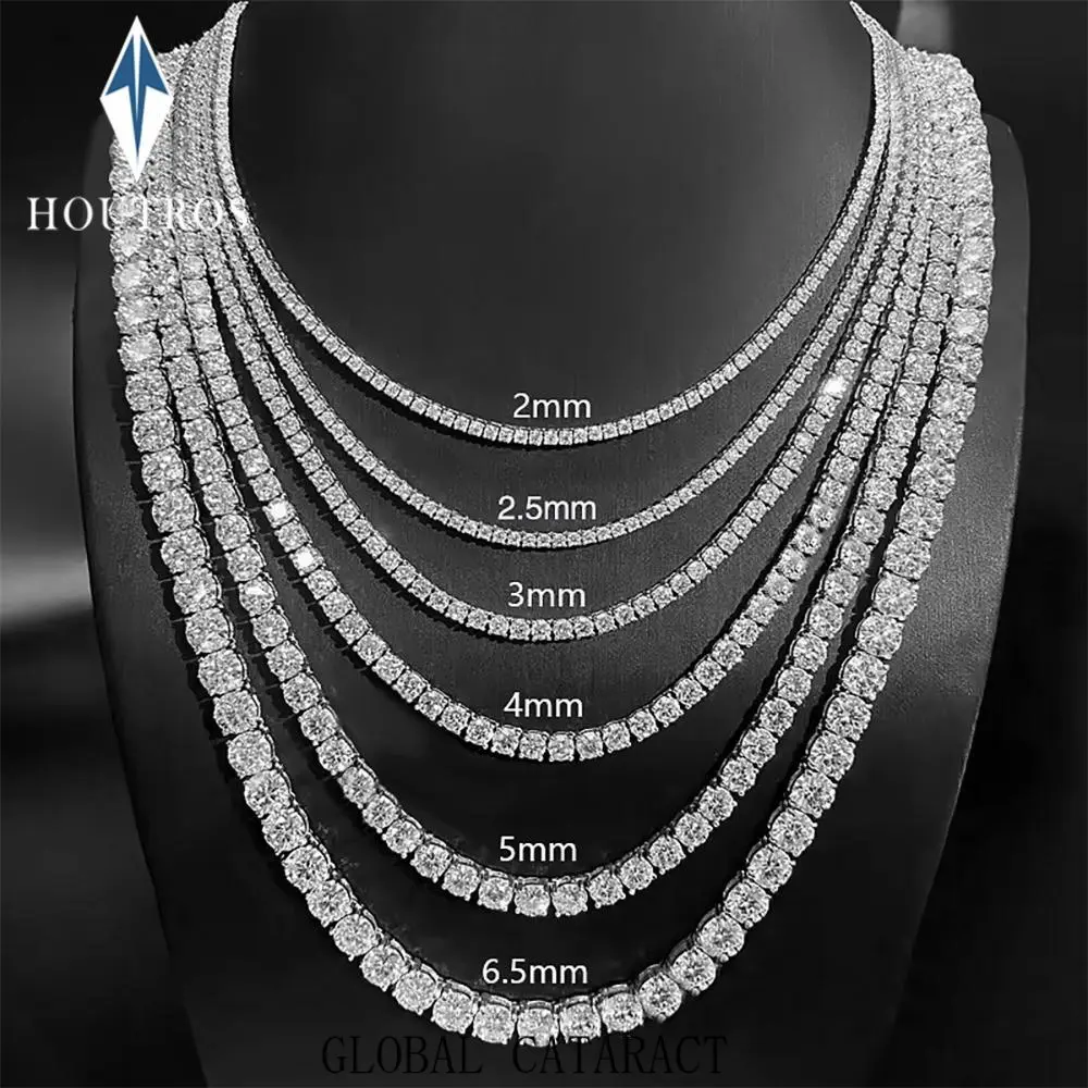 GLOBAL  2-6.5mm Real D Color Moissanite Tennis Necklace for Women Men Sparkling Lab Grown Diamond S925 Silver Neck Chain Jewelry Gift
