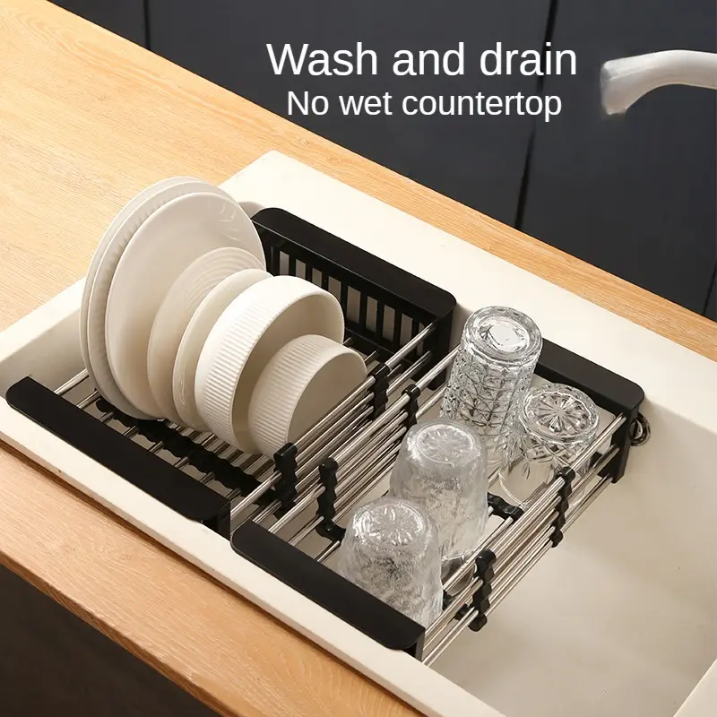 Stainless steel telescopic kitchen storage rack, easy to clean drain rack, suitable for kitchen plates, bowls, tableware, space saving, rust proof