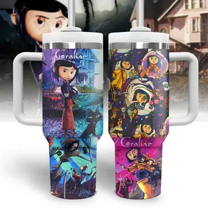Coraline Spooky Cute Button Eyes Cartoon Tumbler 40oz 20oz With Handle, Dark Fantasy Aesthetic Cup, Custom Name Gift for Animation Lovers