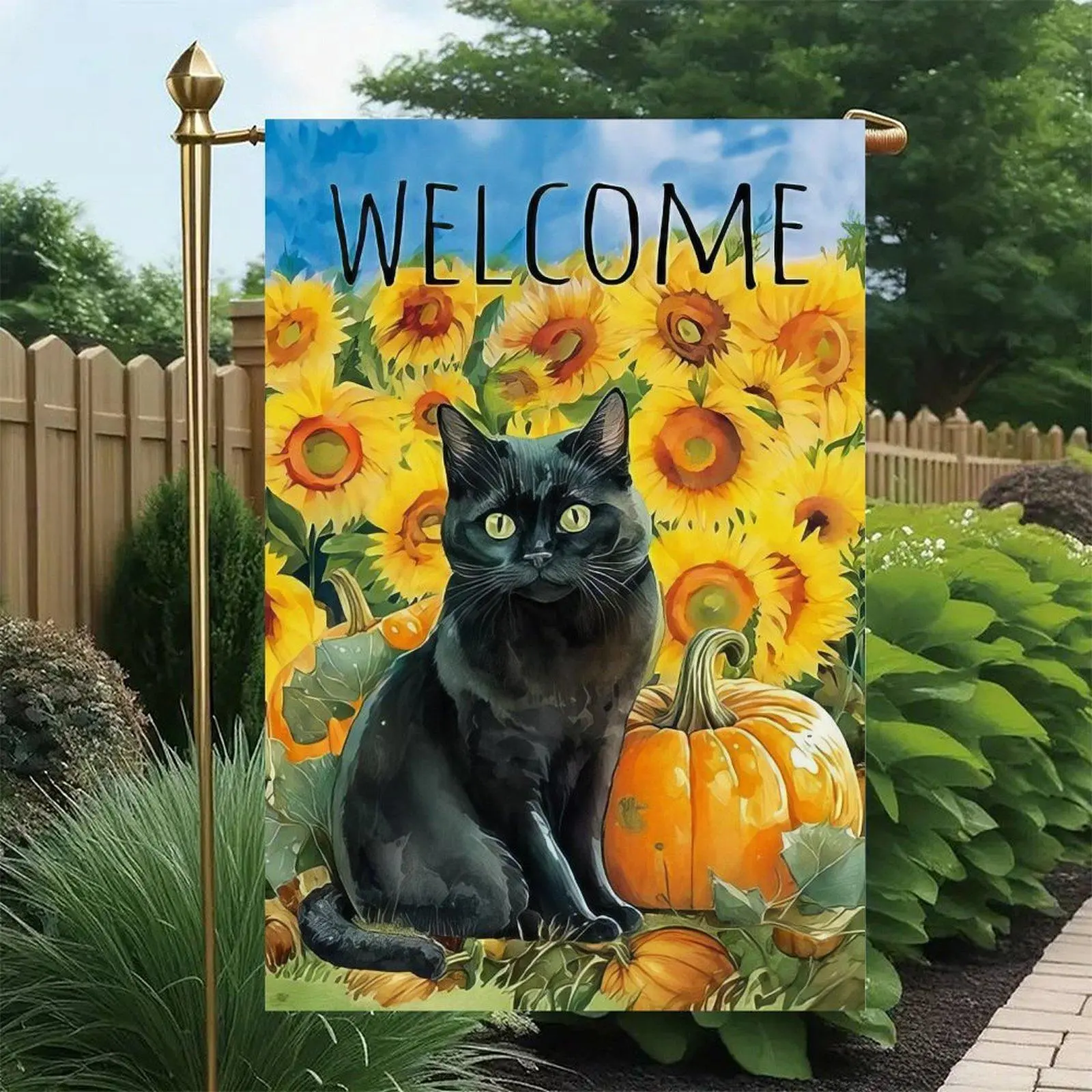 Fabric Garden Flag - 12x18in Double-Sided, Watercolor Black Cat, Sunflower, Pumpkin, Floral Harvest Design, Halloween Fall Front Entry Yard Welcome Sign