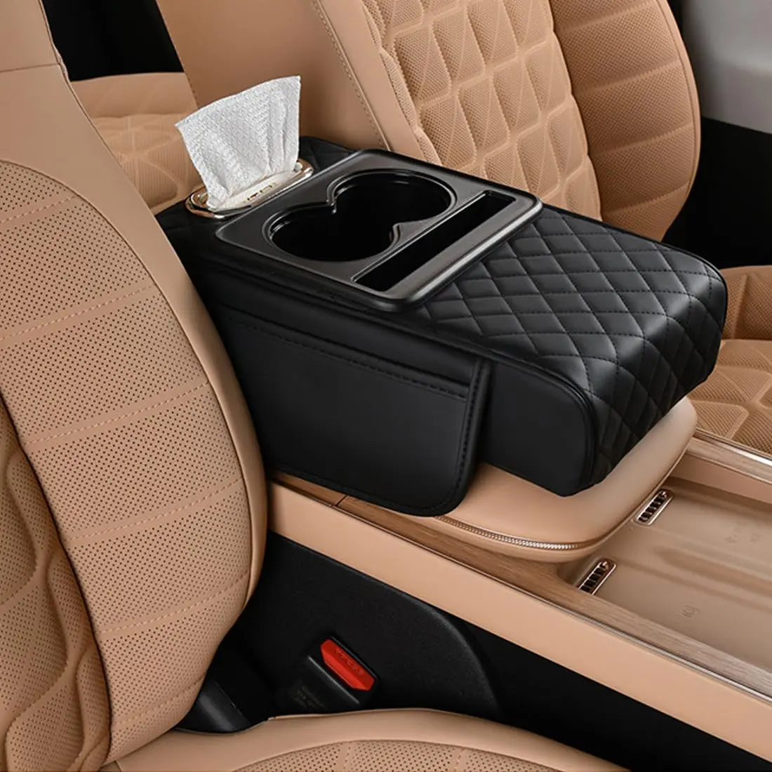 Car Center Console Cover, Leather Armrest Cover for Car, Universal Middle Console Cushion with Storage Box, Cup Holder, Tissue Box & Phone Slot, Luxury Waterproof Interior Accessories, Black