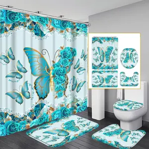 1PC/4PCS 2D Flat Printing Blue Rose Butterfly Combination Patterned shower curtain set with 12 hooks, home bathroom decor, Bathroom Decoration Accessories, non-slip bathroom rug, U-shaped toilet seat cover, toilet seat mat